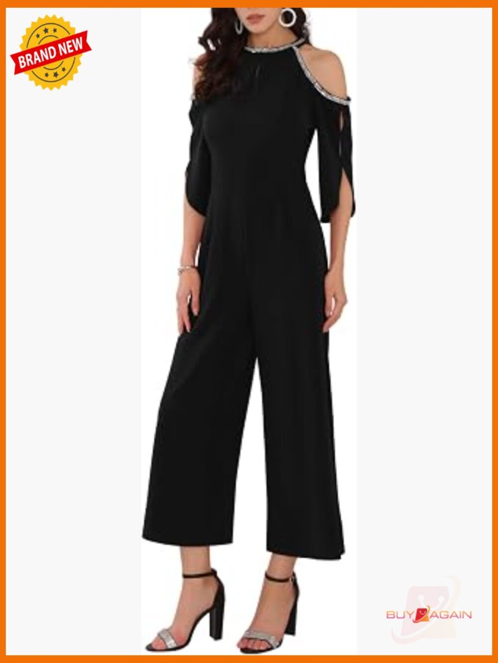 Beaded Cold Shoulder Jumpsuit Wide Leg Formal Evening